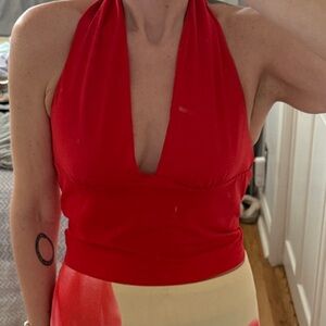 Women’s Red Halter Tank Top with Deep V-Neck